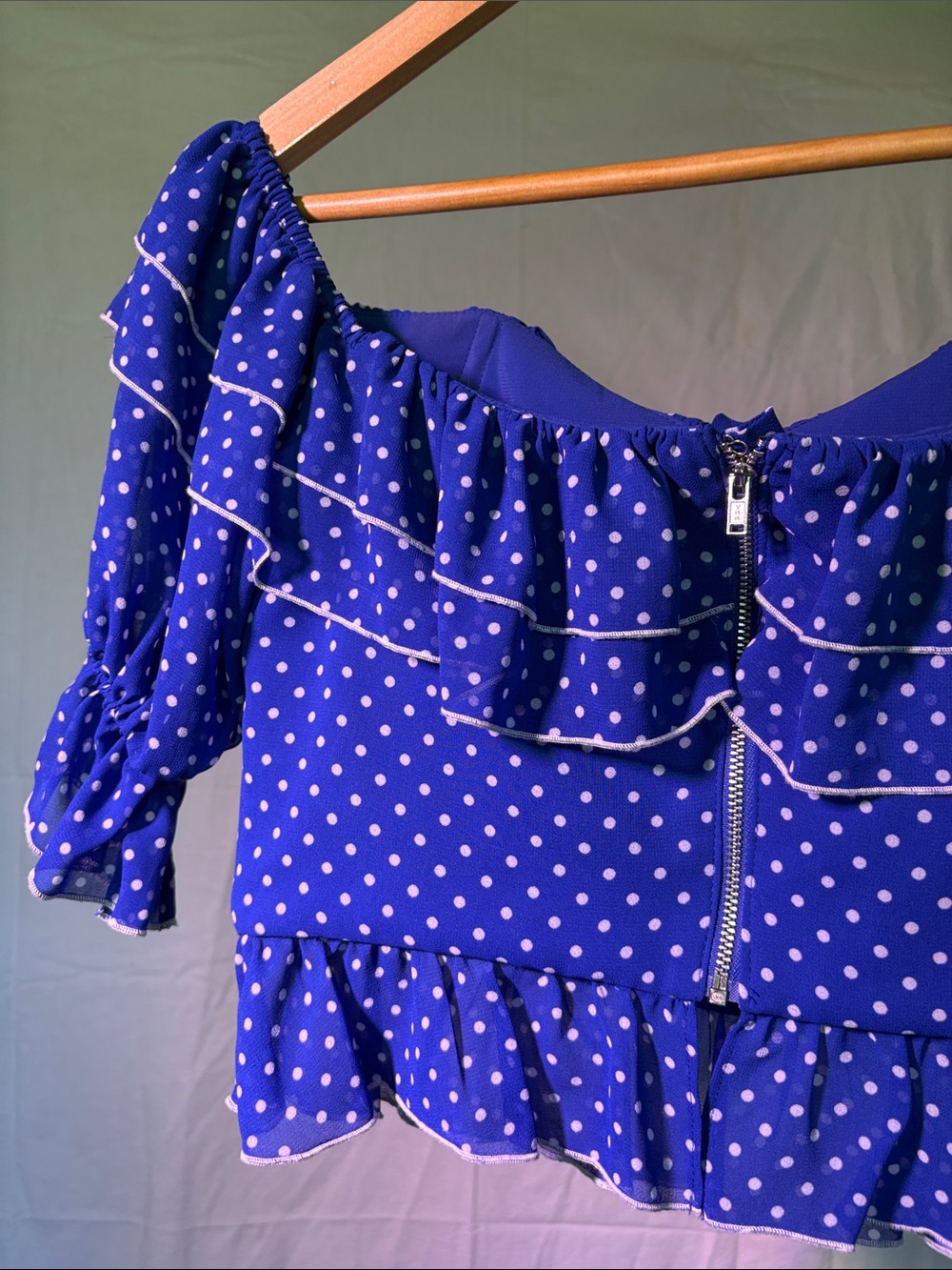 Lovers + Friends Blue Polka Dot Ruffle Off-Shoulder Top - Picture 2 of 3